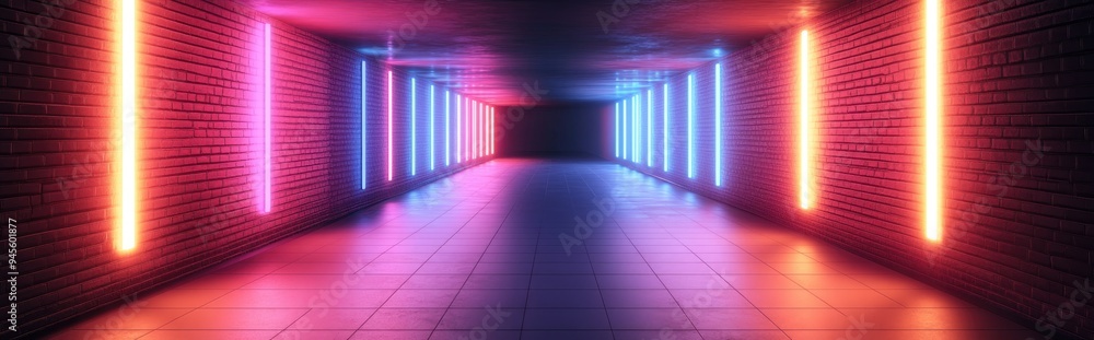 Aufkleber 3d rendering of an empty corridor featuring brick walls illuminated by neon light