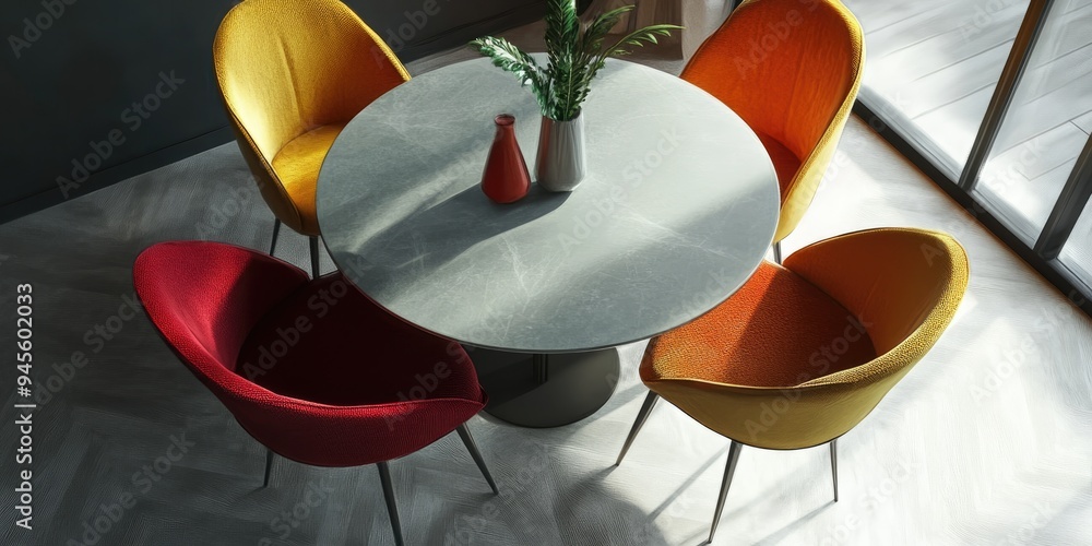 Poster 3d rendering of a round table with three chairs