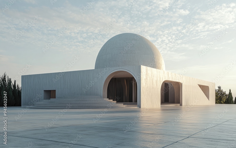 Poster 3d rendering of a building featuring a dome architecture