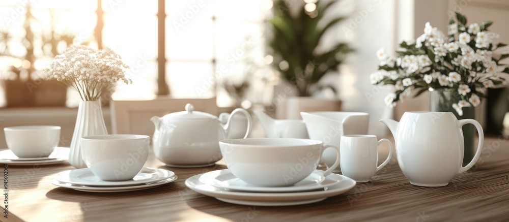 Poster 3d rendering of a porcelain set arranged on a wooden table