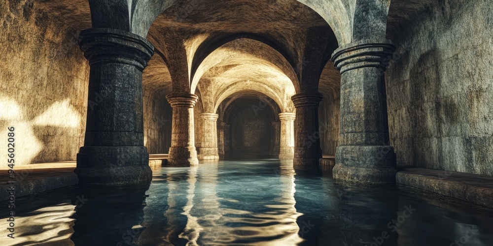 Poster 3d rendering of an interior view of a large ancient cistern