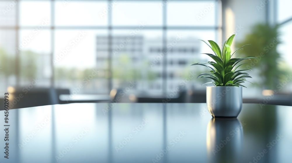 Poster 3d rendering of a table set with a blurred office background highlighting contemporary business desi