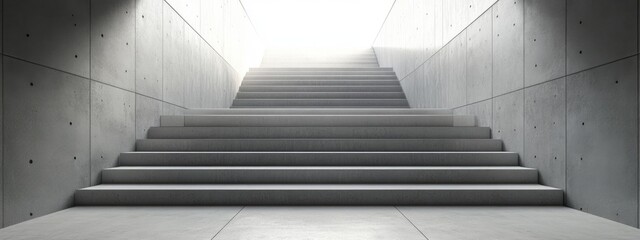 3D rendering of a modern empty long concrete stairway in an office building featuring stairs ascending from underground with a horizontal perspective