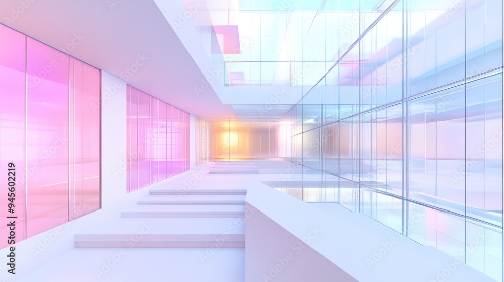 Poster 3d rendering of an abstract multilevel public space featuring white and colored gradient glass inter