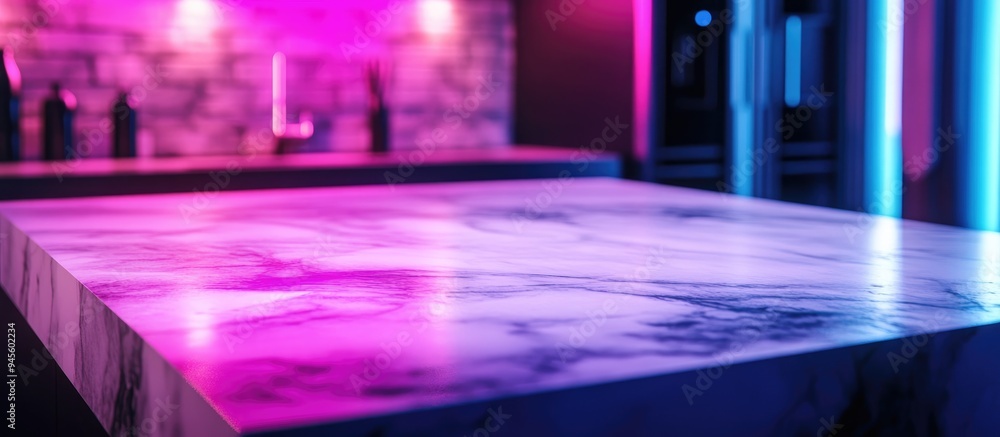 Poster blurry kitchen background with a close up of a marble table top in a contemporary 3d rendering of a 