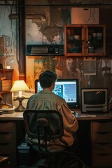 A person seated at a desk with a laptop, typing away
