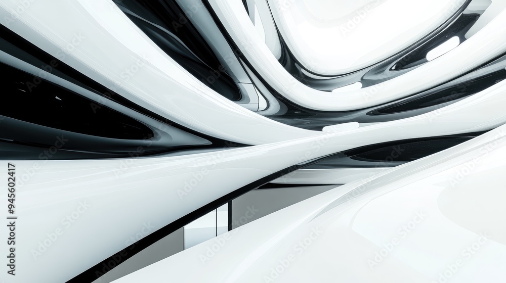 Aufkleber 3d rendering of an abstract multilevel public space featuring a white and black interior with a wind
