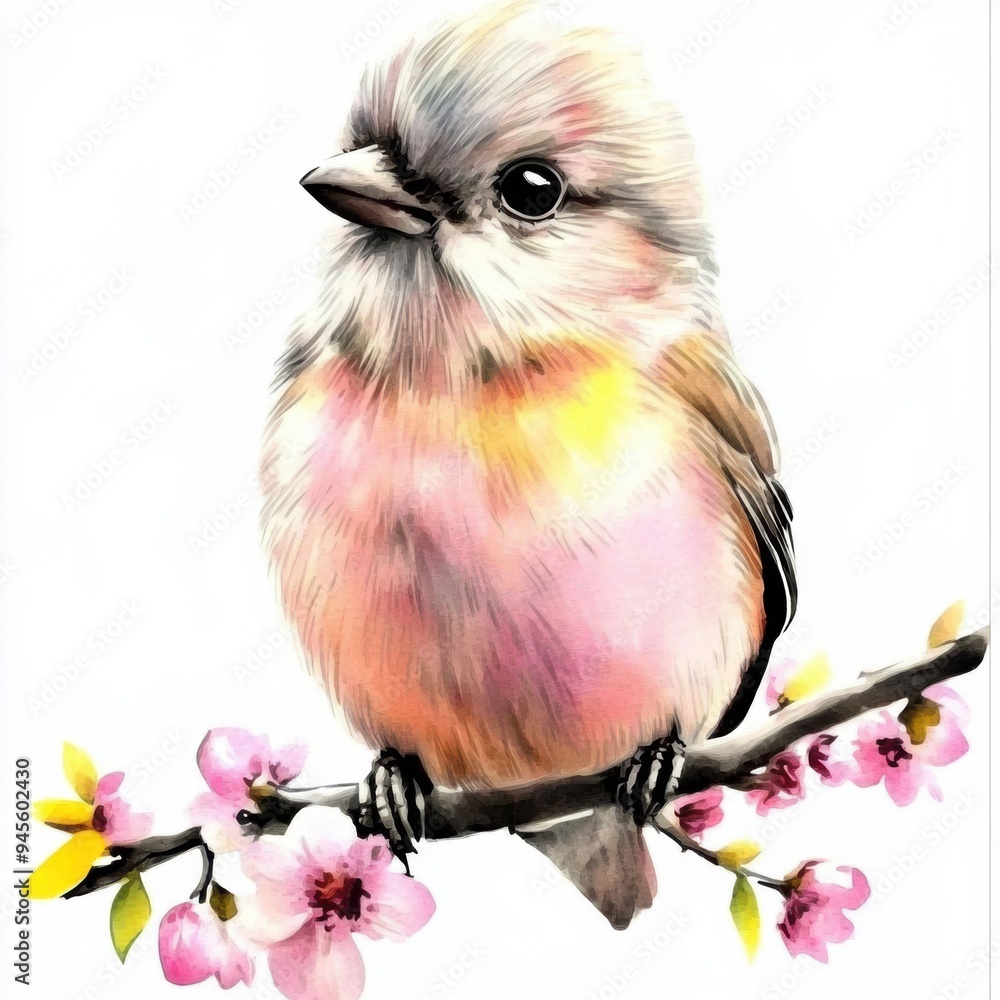 Poster a sparrow perched on a branch in a garden with its small beak and feathers, surrounded by nature in 