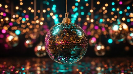Fototapeta premium A sparkling disco ball in focus with vibrant, colorful lights in the background, creating a lively and festive atmosphere.