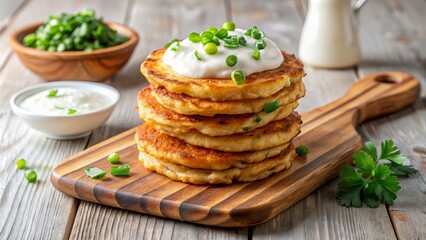 A stack of fritters on a whitewashed wooden plate, served with a side of creamy sour cream and a sprinkle of chopped scallions, shot from a 45-degree angle