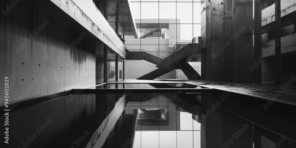 Poster a black and white photo of a pool in a building, suitable for use in interior design or architecture