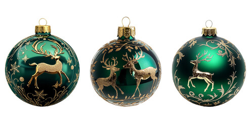 green Christmas ball collection with Santa's reindeer decor isolated on a transparent background, Christmas baubles cut-out PNG, ornament