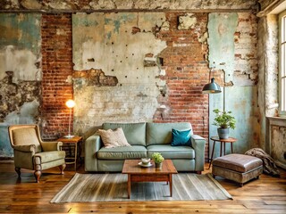 Distressed, worn, and faded old wall in a cozy living room with peeling paint, exposed brick, and a sense of vintage, rustic charm.