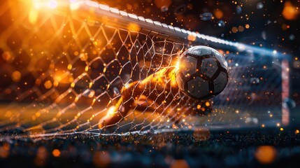 Photo-realistic soccer goalkeeper making a dramatic save, intense action shot, dynamic pose, lifelike graphics, hyper-detailed textures