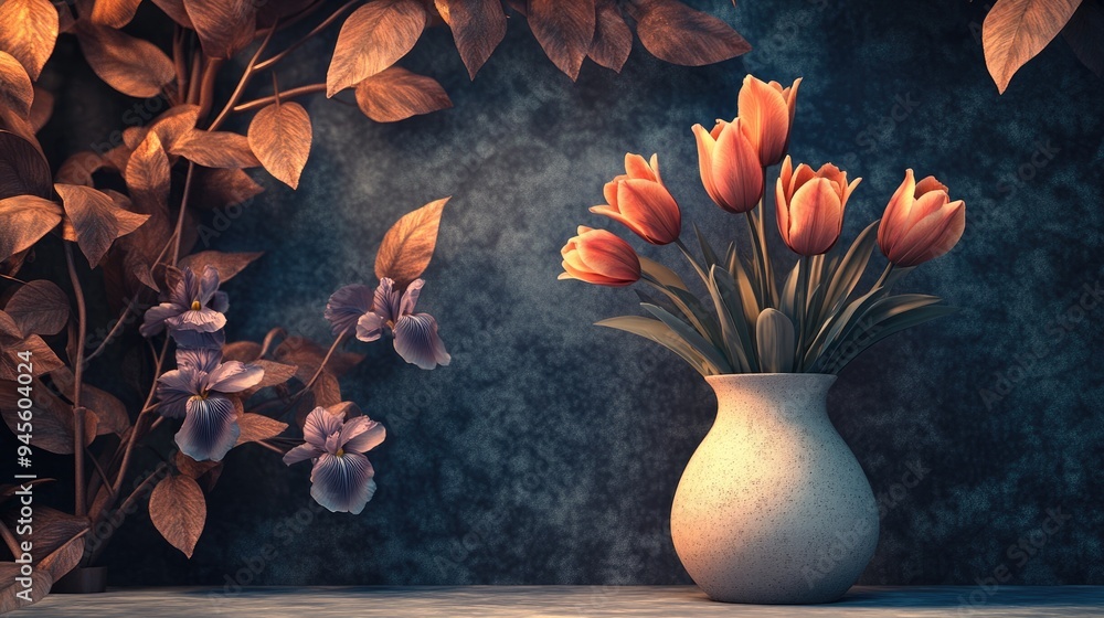 Aufkleber 3d rendering of a captivating still life featuring tulips and irises with a light vase contrasting a