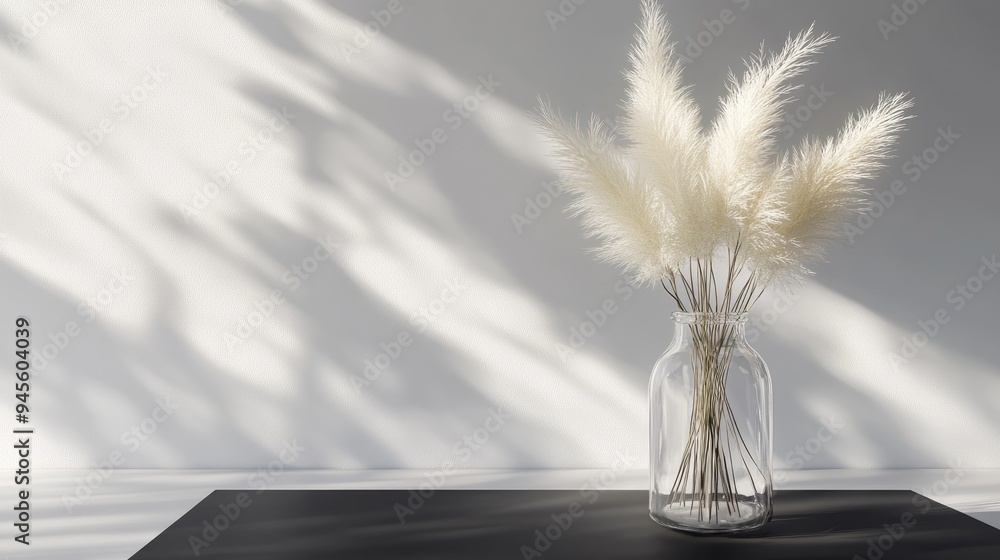 Aufkleber 3d rendering of feather grass displayed in a glass bottle set against a black square on a white back