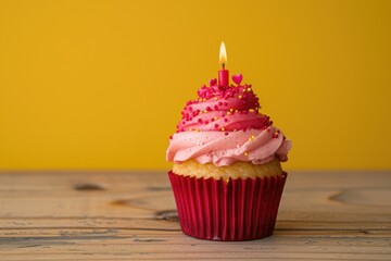 Birthday cupcake with one candle, covered in raspberry frosting and tiny heart sprinkles, on a wooden table with a bright yellow backdrop
