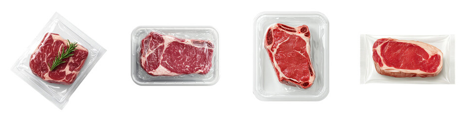 set of A plastic package with a top view of a meat steak isolated on a transparent background