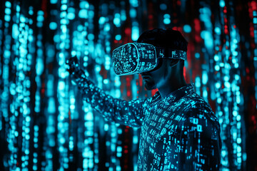 Immersed in Code: A lone figure explores a vibrant virtual reality landscape, adorned in binary code, as cascading digital rain illuminates the immersive experience.
