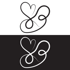 Monoline black and white vintage Vector Valentines Day Hand Drawn Calligraphic Heart. Calligraphy lettering  illustration. Holiday Design element valentine. isolated on white and black background