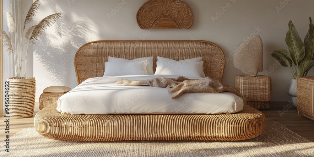 Poster 3D rendering of a handmade wicker bed in an interior setting
