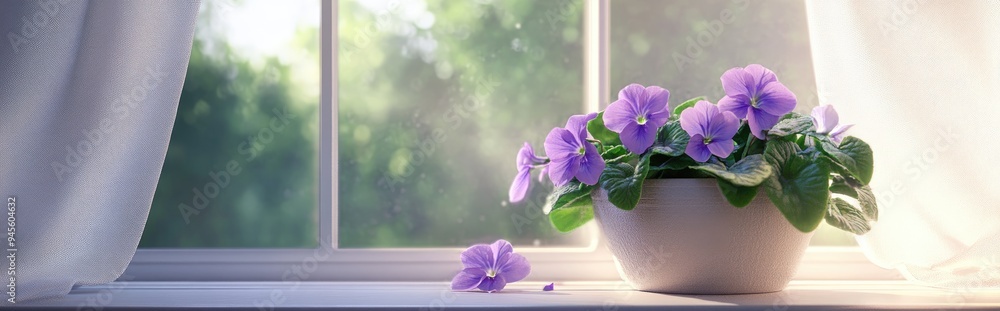 Aufkleber 3d rendering of african violets by a window