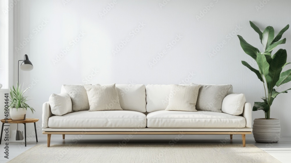 Poster 3d rendering of a white living room featuring a sofa in a scandinavian style