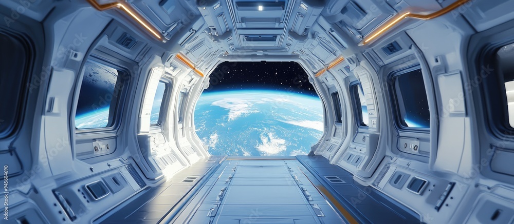Leinwandbilder bright interior of a spaceship with a view of planet earth 3d rendering