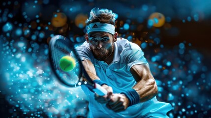 Photo-realistic tennis player hitting a backhand shot, intense focus, dynamic pose, lifelike graphics, hyper-detailed textures