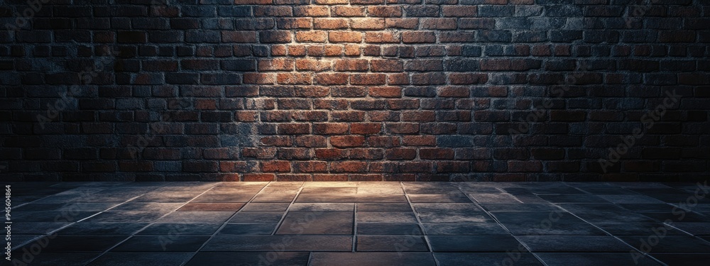 Poster 3d rendering of a dark room featuring a tiled floor and a brick wall backdrop