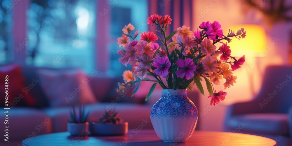 Poster 3d rendering of flowers arranged on a table in a cozy living space