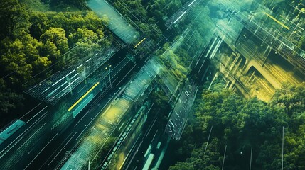 Sustainable Travel: Abstract Tech Elements Highlighting Eco-Friendly Transportation, Carbon Tracking, and AI-Powered Trip Planning
