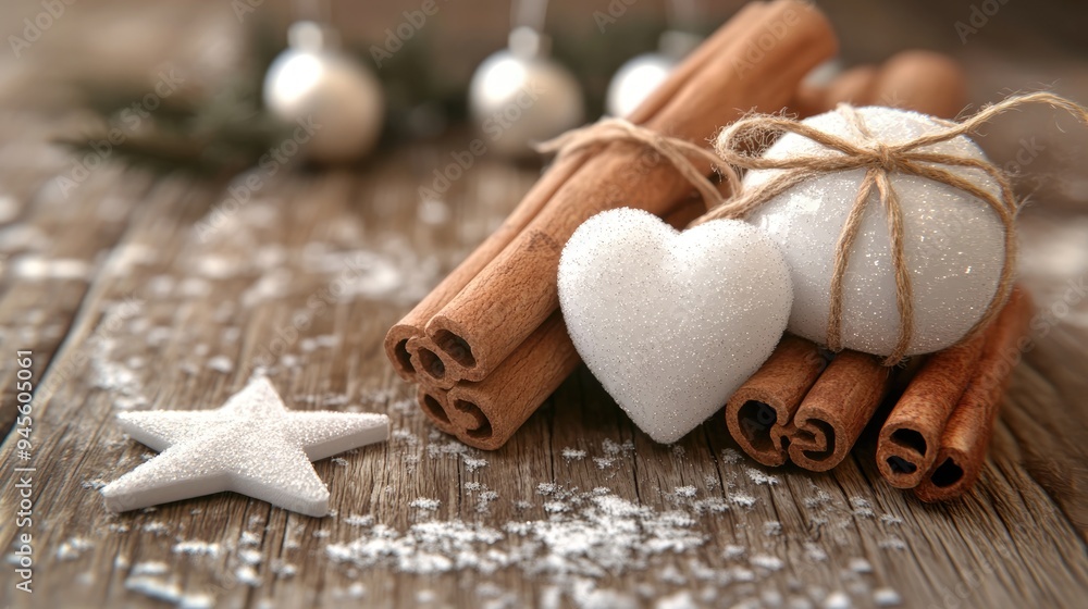 Aufkleber 3D rendering of fresh raw cinnamon sticks tied with jute twine on a wooden table accompanied by two white Christmas ornaments in the shape of a heart and star dusted with icing sugar