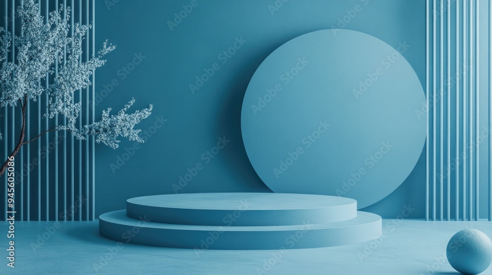 Poster 3D rendering of a blue abstract geometric background with a podium in a Japanese style
