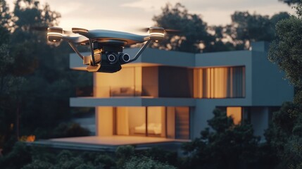 Obraz premium Futuristic drone delivering a package to a modern home, symbolizing automation