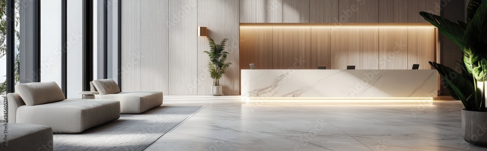 Poster 3d rendering of a hotel lobby interior featuring a reception desk sofas marble flooring and an elong