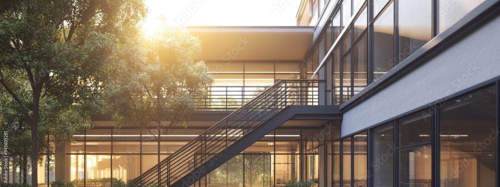 Poster 3D rendering of a building featuring a black banister