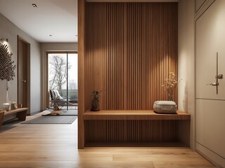interior stylish modern wooden entrance hallway decor with cozy wooden tone contemporary home with furniture desk stand and shoe bench