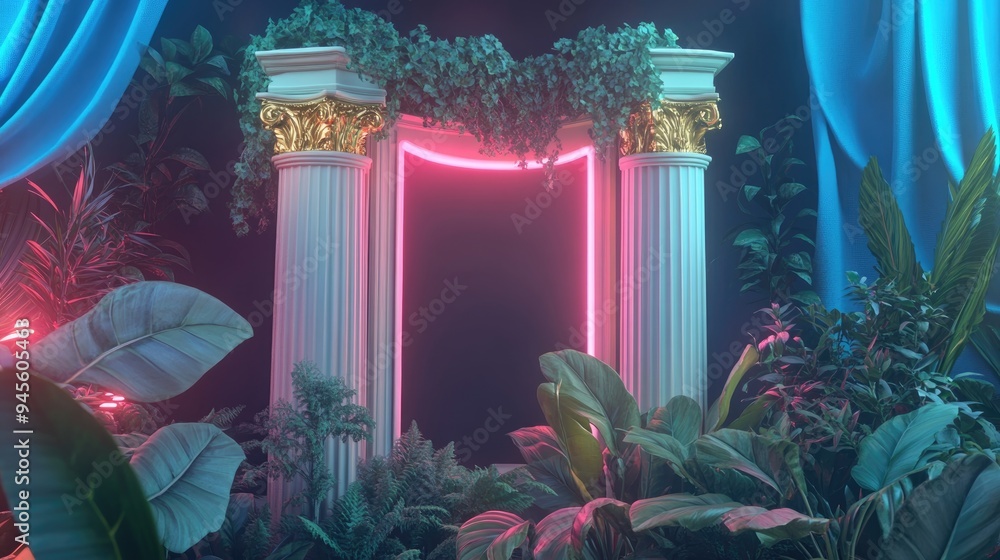 Poster isolated gold icon surrounded by plants and curtains in a background with cyan blue and pink neon li
