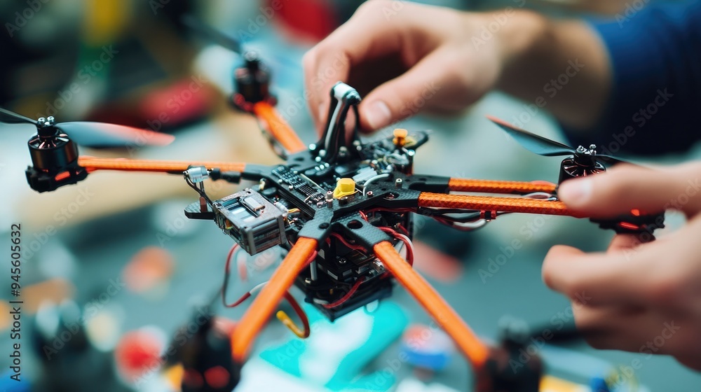 Poster hands assembling components on a drone, symbolizing innovative tech development