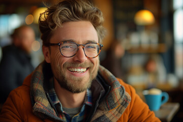 Fototapeta premium Man in Hat Enjoying Coffee and Laughter in Cafe