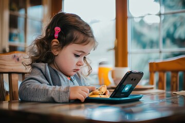 Little Girl Watching TV on a Smartphone Little girl watching streamed tv on her mothers smartphone while sat at the dining table eating snacks.