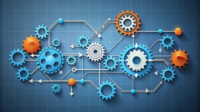 Stylized illustration of business workflow, featuring interconnected gears, arrows, and lines, conveying efficiency, organization, and progressive movement in a modern, minimalist design.