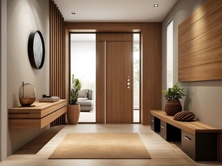 Fototapeta premium interior stylish modern wooden entrance hallway decor with cozy wooden tone contemporary home with furniture desk stand and shoe bench