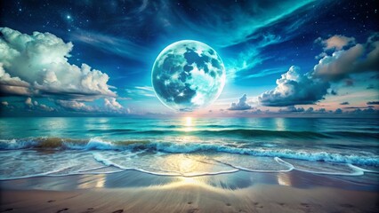 Dreamy fusion of moonlit beaches scenic landscapes ethereal moon glowing celestial bodies soft misty atmosphere vibrant turquoise hues peaceful serene mystical surrealistic abstract nd logo mix