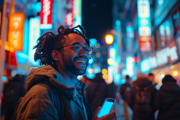 Happy Man Using Smartphone on Vibrant City Street