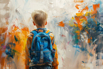 The boy goes to school in september, education concept. AI generation