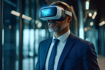 Into the Metaverse: A confident businessman confidently navigates the virtual world, wearing VR goggles in a modern office setting. His expression reflects curiosity, exploration, and the potential of
