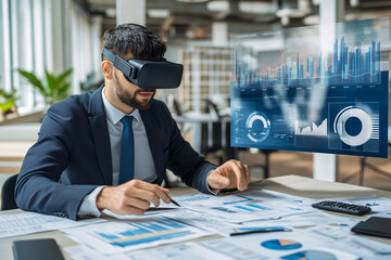 Virtual Reality Business Analysis: Focused businessman in VR headset analyzing data visualizations, showcasing the future of corporate strategy and immersive technology. 