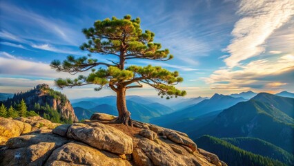 Obraz premium Tall pine tree standing majestically on a rugged mountain peak, nature, scenic, landscape, wilderness, outdoor, adventure